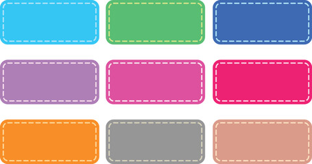 Set of colorful labels with dotted line.. Blue, green, purple, pink, red, orange, gray, brown. Vector Illustration.