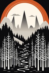 mid century design of stylized mountain with aspen trees arron draplin
