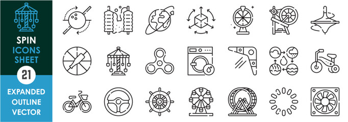 A set of line icons related to Spin. Rotate, circle, cycle, revolution, round, machine, wheel, fan, and so on. Vector outline icons set.