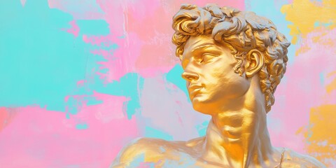 Abstract background strokes and splashes of bright oil paints, bold color patches and golden ancient Greek sculpture of a man. Banner with copy space for art gallery, interactive artwork, social media
