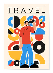 Travel person. Happy man looking through binoculars. Abstract geometric shapes. Casual guy. Adventure traveler. Summer vacation. Hiking tourist. Observing with spyglass. Vector tourism banner design