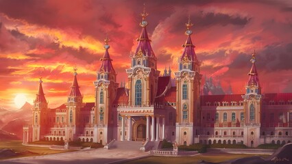 Obraz premium The Palace of Culture at Sunset, generative AI