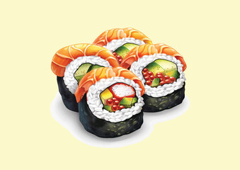 A bright illustration of sushi showcases perfectly rolled rice topped with fresh fish and seaweed. The clean lines and vibrant colors highlight the appetizing simplicity of this Japanese delicacy.