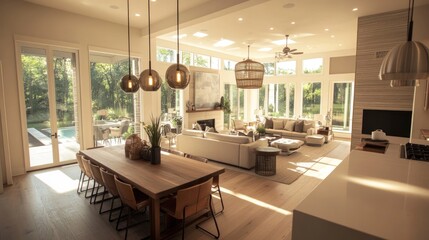 Fototapeta premium Warm and welcoming open-concept home with a modern kitchen, dining table, and comfortable living area, designed for easy entertaining and family gatherings.