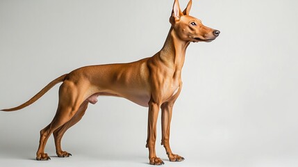 A sleek, elegant dog stands poised against a neutral background.