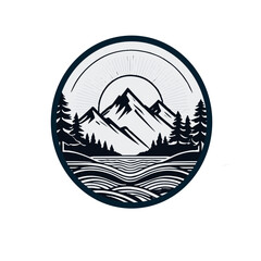 Generate logo mountain, trees, and sun on black white