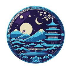 Round badge featuring a moon and mountain landscape