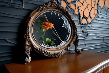 Spooky bedroom, antique dressing table, cracked mirror suggests a vanity that has seen too many unsettling events