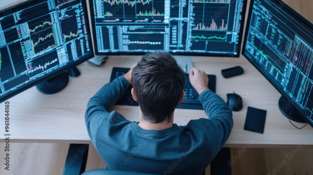 Canvas Prints A trader man sitting at a desk with three monitors displaying stock prices, AI