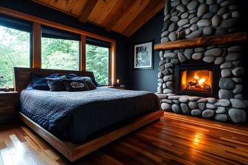 Fototapeta premium Spooky bedroom, cobblestone fireplace, cold and unused adds to the atmosphere of a room that hasnâ€™t felt warmth in years
