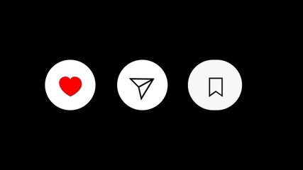 Animation of like, save and share buttons in social networks. 4K with alpha channel.