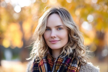 Naklejka premium A woman with blonde hair and a plaid scarf is smiling for the camera