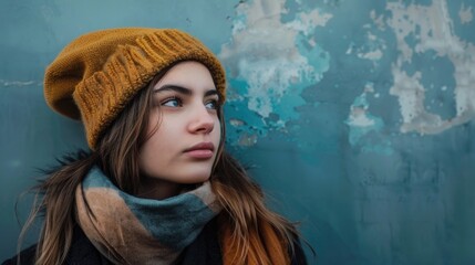 A woman wearing a yellow hat and scarf stands in front of a blue wall