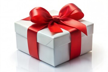 Obraz premium Elegant white gift box with shiny red ribbon over white background