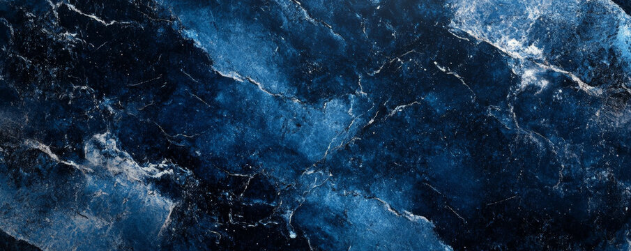 A deep blue and black marble texture with shimmering silver veins, creating a mysterious and luxurious abstract background.