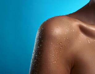 Fototapeta premium Close-up of a wet shoulder with water droplets on a blue background, symbolizing freshness._1(392)