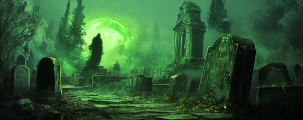 A cursed graveyard with cracked tombstones, glowing green mist, and a shadowy figure floating in the distance.