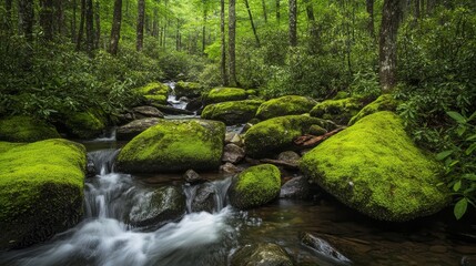Obraz premium Water laps moss-covered rocks in Smoky Mountains.