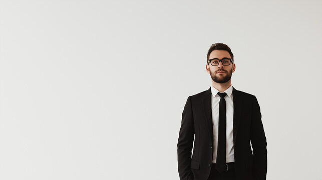 Professioneller Gesch&auml;ftsmann, neutraler wei&szlig;er Hintergrund. Textfreiraum f&uuml;r Werbung. Corporate Portrait. Seri&ouml;ses Business-Outfit. Moderne Arbeitswelt. Vertrauensw&uuml;rdige Ausstrahlung