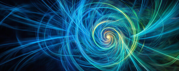 Bright blue and green light trails spiraling around a glowing center, creating a sense of motion and energy in a dark space.