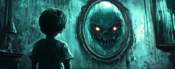 A nightmarish reflection in the mirror shows a distorted version of the child, with glowing eyes and a sinister grin.