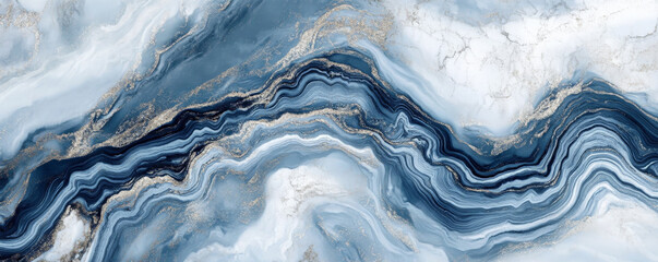 A cool blue and white marble texture with swirling patterns and metallic silver veins creating depth and movement.
