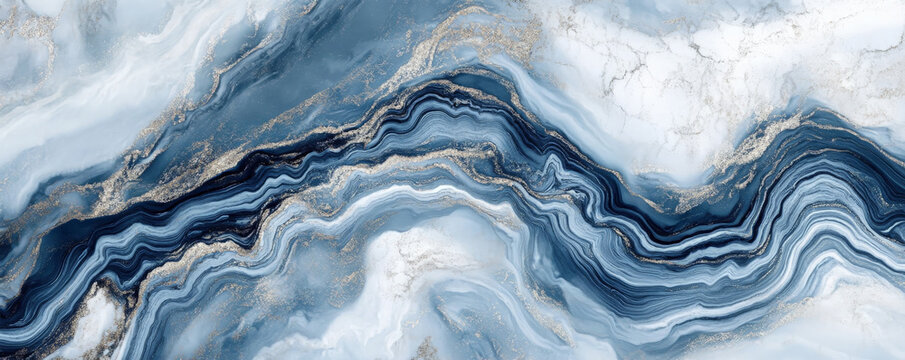 A cool blue and white marble texture with swirling patterns and metallic silver veins creating depth and movement.