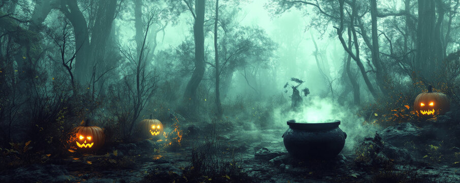 A creepy forest scene with a bubbling witchâ€™s cauldron, glowing pumpkins, and ghostly figures lurking in the fog.