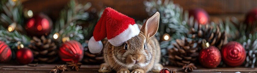 Naklejka premium Cute rabbit wearing a Santa hat surrounded by Christmas decorations, pinecones, and festive ornaments.