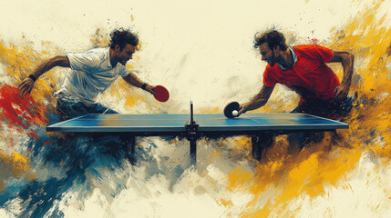 Two athletes engaged in a fast-paced table tennis match with dynamic paint-like splashes around them