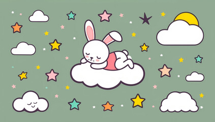 Little cartoon bunny sleeping on a cloud, flat design illustration