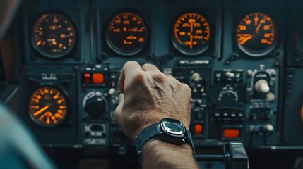 Pilot&rsquo;s Hand on an Aircraft Control: A pilot's hand gripping the controls in an airplane cockpit, with dials and meters in the background.
