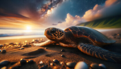 A sea turtle rests on a sandy beach with the ocean in the background, illuminated by the warm light...