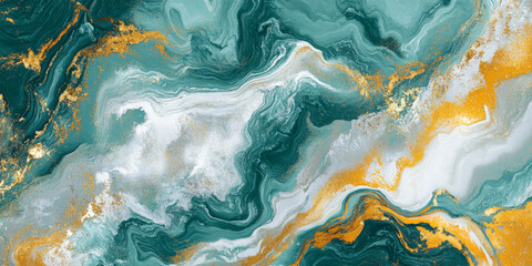 Fototapeta premium A vibrant mix of teal, gold, and white swirling together in a marble pattern with intricate metallic veins.