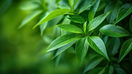 Fototapeta premium vibrant green leaves symbolizing growth, freshness, and nature's purity. Smooth texture and rich green color evoke feelings of peace, serenity, and natural harmony. Leaves overlap in a dense,