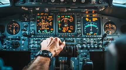 Fototapeta premium Pilot’s Hand on an Aircraft Control: A pilot's hand gripping the controls in an airplane cockpit, with dials and meters in the background. 