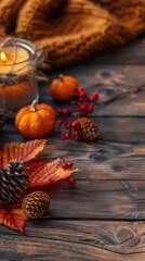 A wooden table with a vase of candles, a bowl of pumpkins, and a leafy orange