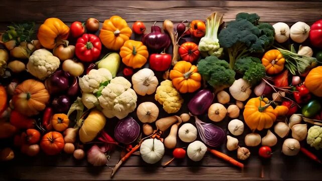  Above view of an assortment of healthy autumn vegetables.