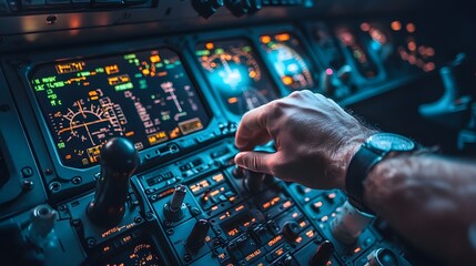 Obraz premium Pilot’s Hand on an Aircraft Control: A pilot's hand gripping the controls in an airplane cockpit, with dials and meters in the background. 