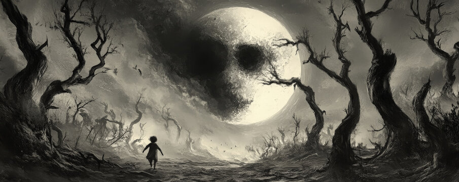 A nightmare landscape where the moon is a menacing face watching over a terrified child running through a forest of dead trees.