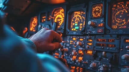Fototapeta premium Pilot’s Hand on an Aircraft Control: A pilot's hand gripping the controls in an airplane cockpit, with dials and meters in the background. 