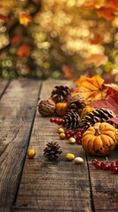 A wooden table with a fall scene of pumpkins, gourds, and pine cones