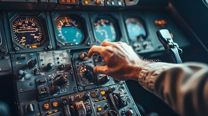 Fototapeta premium Pilot’s Hand on an Aircraft Control: A pilot's hand gripping the controls in an airplane cockpit, with dials and meters in the background. 