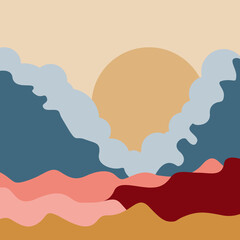 Abstract colorful landscape with layered hills and stylized sun between clouds