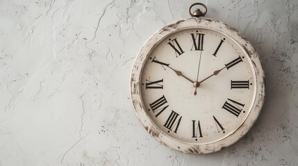 An antique-style clock with roman numerals hangs on a textured, gray wall.