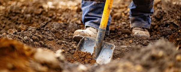 shovel being used to dig into the earth, capturing the essence of labor and manual work in digging and construction