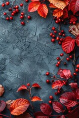 A blue background with red leaves and berries