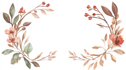 rustic wedding card, wood texture, floral wreath, watercolor illustration, earth tones, isolated on white background