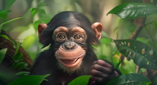 Cute Baby Chimpanzee with Blue Eyes Smiles from Behind Lush Green Leaves