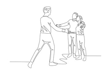 Happy parents see their children returning from overseas. Returning home to their families concept one-line drawing